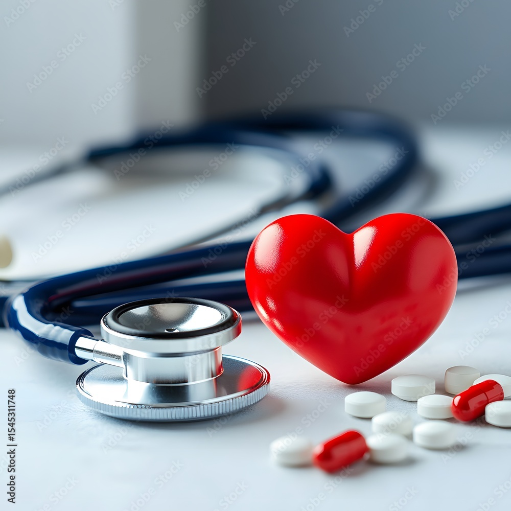 The concept of medicine, healthcare and pharmacy - pills and medicines, a heart and a stethoscope on a white table The concept of medicine, healthcare and pharmacy - pills and medicines, a heart and a stethoscope on a white table