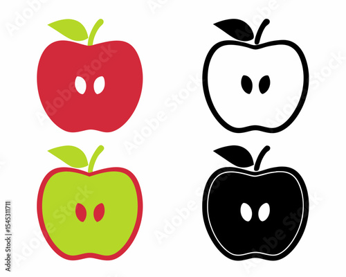 Modern and vibrant apple icons with multiple variations and color schemes, perfect for health, food, and educational projects, line art icon set.