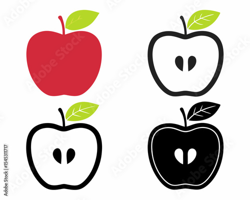Contemporary apple icon set with clean line art and multiple color options suitable for healthy lifestyle and learning themes.