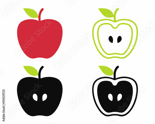 Stylish apple icon collection in various colors and styles, designed for wellness, food branding, and education materials.