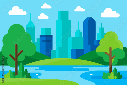 Cityscape park river green trees modern buildings