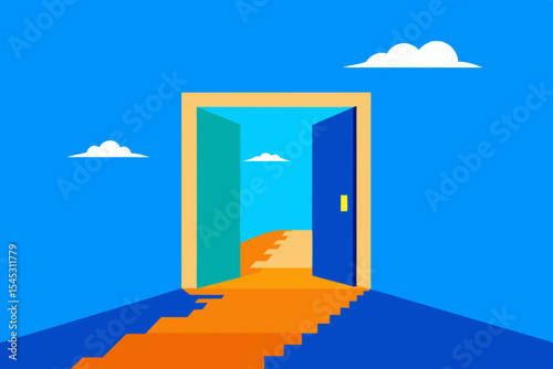 Open door leading to steps and bright sky