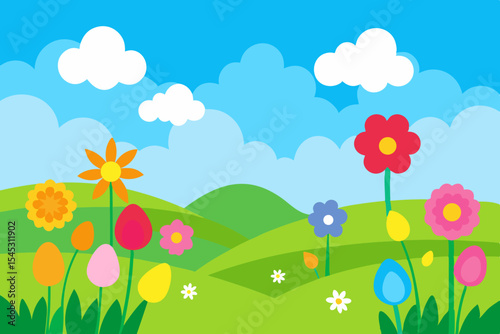 Springtime landscape with colorful flowers and eggs