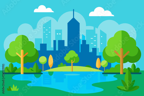 Cityscape park with pond and lush green trees