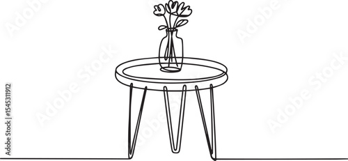 continuous line drawing of a round side table with hairpin legs and flower vase