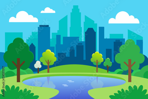 City park landscape with pond and skyline