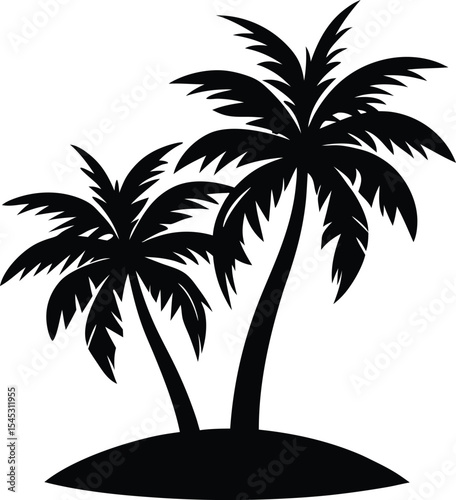 tropical island with two palm trees silhouette vector illustration, black coconut trees on white background for summer, beach, or travel designs