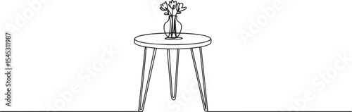 continuous line drawing of a round side table with hairpin legs and flower vase
