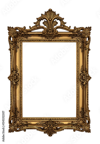 Ornate golden picture frame with intricate carvings, isolated on white background.