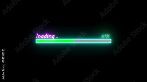 Neon standard horizontal loading progress bar animation featuring glowing neon loading icon. Loading and percentage progress 0-100 percent neon video beautiful color animation on black background.