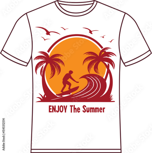Tropical Summer T-Shirt with Surfer, Sunset, and Palm Tree Graphic