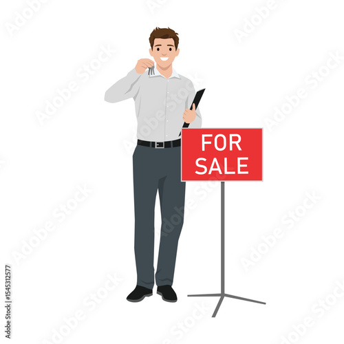 Real estate agent holding keys stands next to a For Sale sign, ready to assist potential buyers. Flat vector illustration isolated on white background
