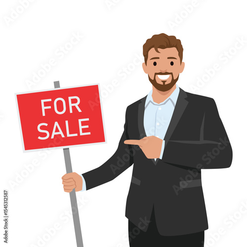 Man in a suit confidently points to For Sale sign, ready to attract potential buyers or investors. Flat vector illustration isolated on white background