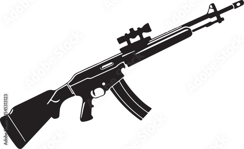 Image is a vector illustration of a firearm specifically a rifle depicted in a solid black silhouette style 