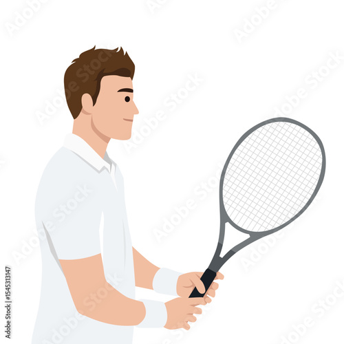 Tennis player in white sportswear prepares for a game, gripping his racket with concentration. Flat vector illustration isolated on white background