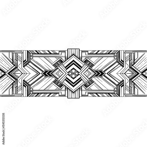 Geometric art deco design with symmetrical lines and shapes in black and white.