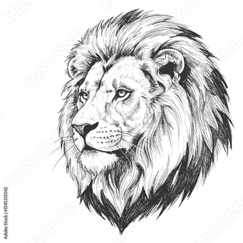 A hand drawn illustration of a standing male lion with a full mane, drawn in ink style. The sketch highlights strength and natural form, presenting a classic wildlife portrayal
