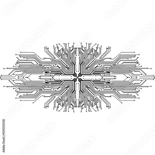 Abstract symmetrical circuit board pattern, resembling a complex electronic design on a white background.