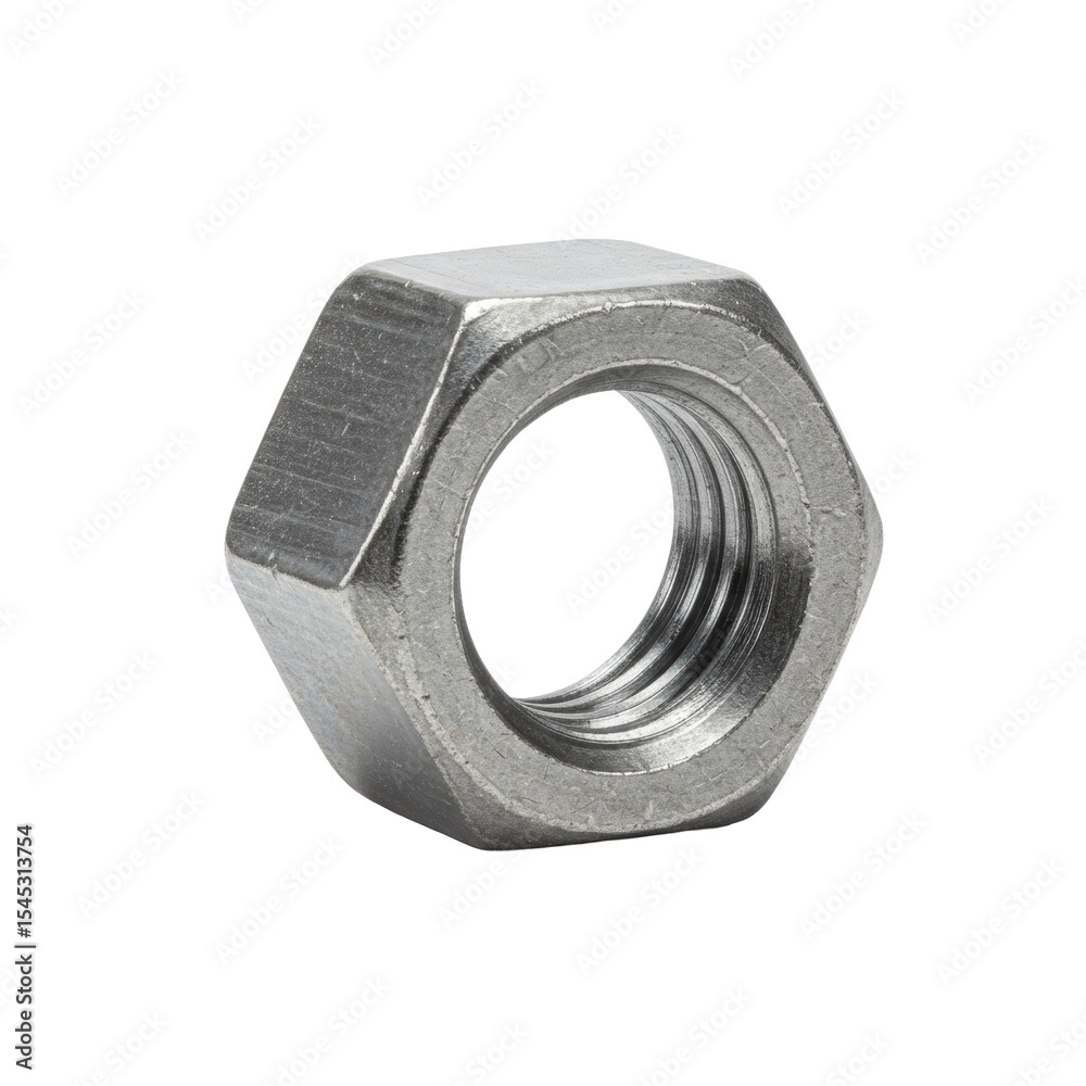 A single, pristine metallic hex nut with sharp, geometric facets, reflecting light, captured in an ultra-realistic UHD macro product photo on a seamless brilliant white background with shadowless A single, pristine metallic hex nut with sharp, geometric facets, reflecting light, captured in an ultra-realistic UHD macro product photo on a seamless brilliant white background with shadowless
