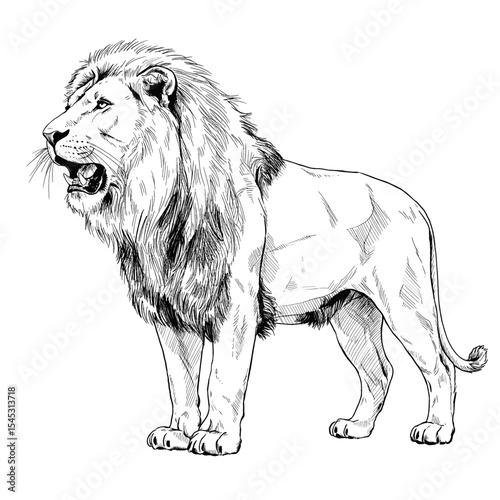 A hand drawn illustration of a standing male lion with a full mane, drawn in ink style. The sketch highlights strength and natural form, presenting a classic wildlife portrayal
