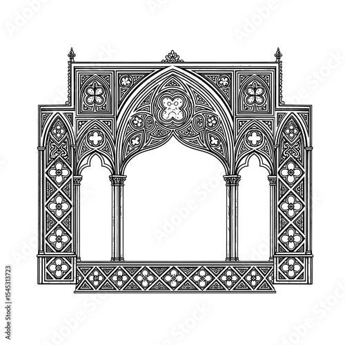Ornate gothic architectural frame with arches, columns, and detailed geometric patterns, rendered in a vintage engraved style.