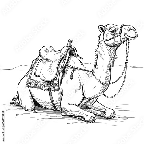An ink-style illustration of a saddled camel resting in a sitting pose on desert terrain. The drawing showcases traditional travel elements with fine detailing of the saddle and rope
