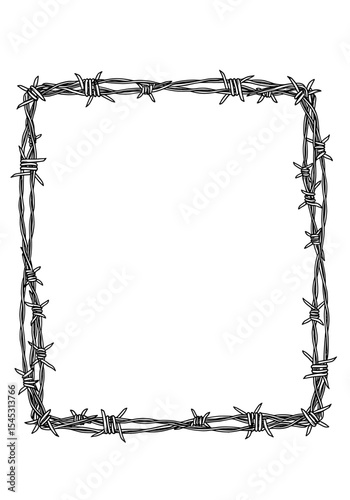 A square frame created with intertwined strands of barbed wire, isolated on white.