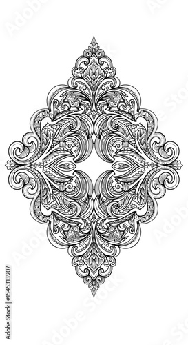 Intricate diamond-shaped grayscale floral design, exhibiting symmetrical arabesque patterns and ornate details.