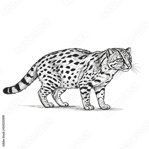 Hand drawn illustration of spotted wild cat in walking position. Wildlife sketch concept
