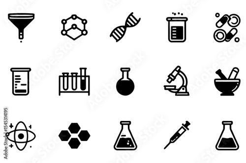 Science Lab Equipment Icons Chemistry, Biology, and Research Vector Illustrations