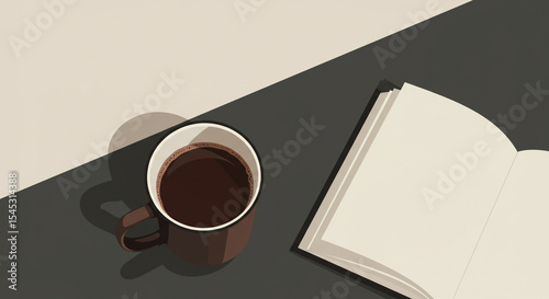 Flat lay vector illustration of a mug of cocoa next to an open book with page turning slightly, minimalist design, muted color palette, modern graphic style