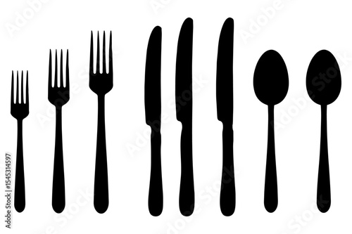 Silhouette Cutlery Set Forks, Knives, Spoons - Simple Black and White Vector Illustration