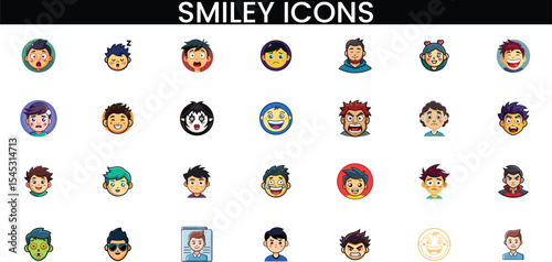 Smiley Avatar Icons Set, Cartoon Boy and Girl Faces, Emoji Expressions, Reactions, Laughing, Angry, Scared, Crying, Flat Vector Style