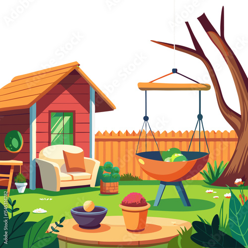 Cozy backyard with hanging chair and plants in pots House patio with fence, furniture for picnic green grass and tree Summer landscape of yard Vector cartoon illustration 