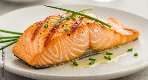 Side view of grilled salmon fillet with crispy skin and green garnish representing unsaturated fat source on minimal background