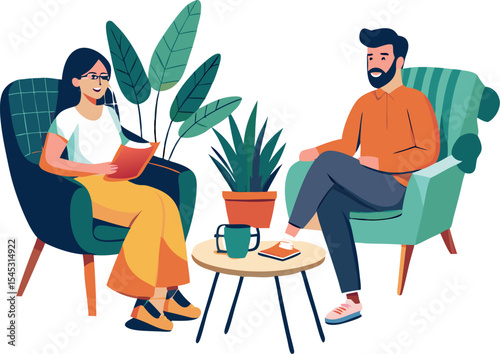 Relaxing in armchairs people in a cozy interior scene. Woman and man resting and chatting in Interior scene with furniture, and house plants. Housewarming vector illustration for card, poster
