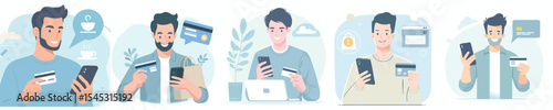 Casual Young Man Using Credit Card and Smartphone for Online Shopping and Payment – Flat Design Illustration