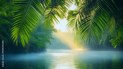 Serene Tropical River at Sunrise Framed by Lush Palm Fronds