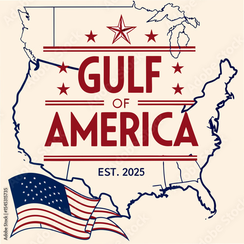 Gulf of America USA Map with Stars and Wavy Flag