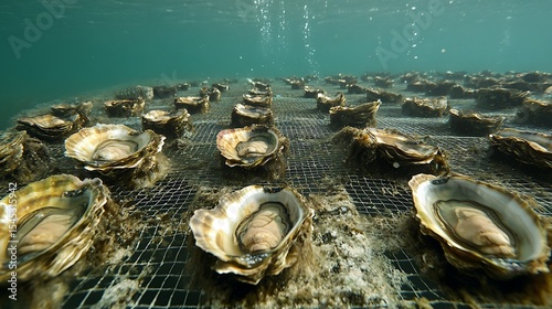 Underwater view of oyster farm with rows of oysters on a wire mesh platform system