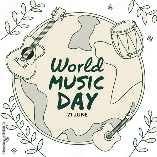 World music day illustration shows musical instruments on a globe