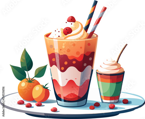Falooda with rose syrup, vermicelli, and ice cream, white background. Falooda, a popular cold dessert of the Indian subcontinent.