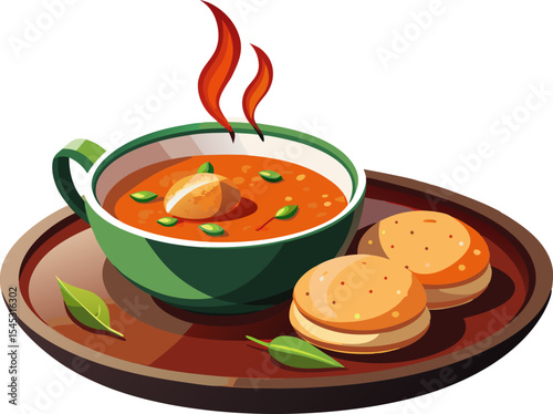 Hot medu vada with sambar bowl, isolated on white background. 