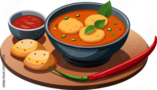 Hot medu vada with sambar bowl, isolated on white background. 