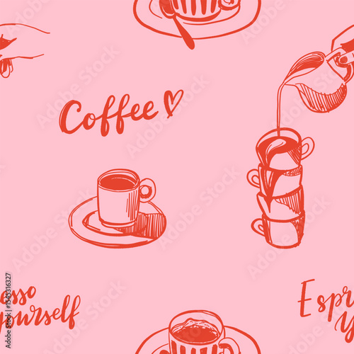 Hand drawn Mediterranean cuisine seamless pattern. Italy la dolce vita coast food coastal print, wrap paper, retro fabric, textile design. Doodle sketch crayon drawing style vector illustration.