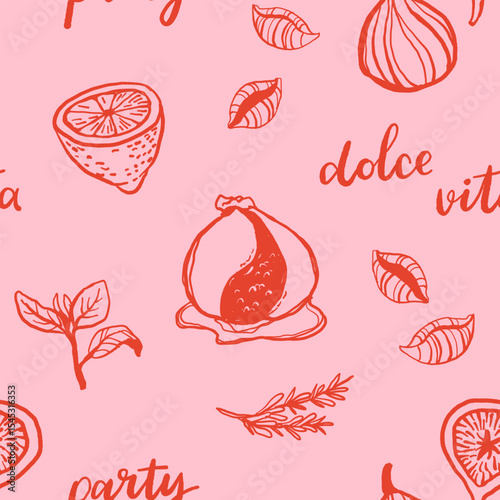 Hand drawn Mediterranean cuisine seamless pattern. Italy la dolce vita coast food coastal print, wrap paper, retro fabric, textile design. Doodle sketch crayon drawing style vector illustration.