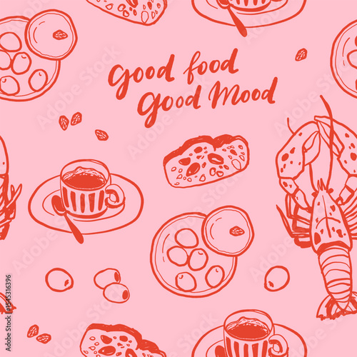 Hand drawn Mediterranean cuisine seamless pattern. Italy la dolce vita coast food coastal print, wrap paper, retro fabric, textile design. Doodle sketch crayon drawing style vector illustration.