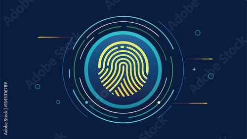 Abstract fingerprint id design with scanned glowing pri illustrating biometric identification and security.