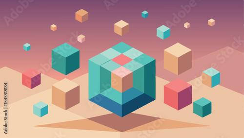 Abstract geometric composition of cubes and shapes with gradients and transparency
