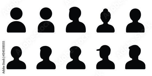 Collection of simple user profile and avatar icons in black silhouette, male and female minimal headshot designs